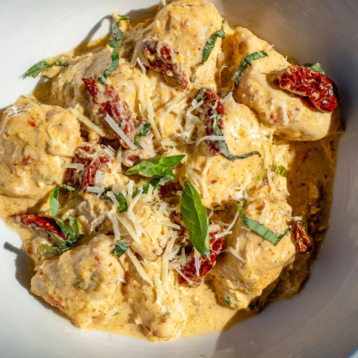 A close-up view of Marry Me Slow Cooker Chicken Breast in creamy sauce.