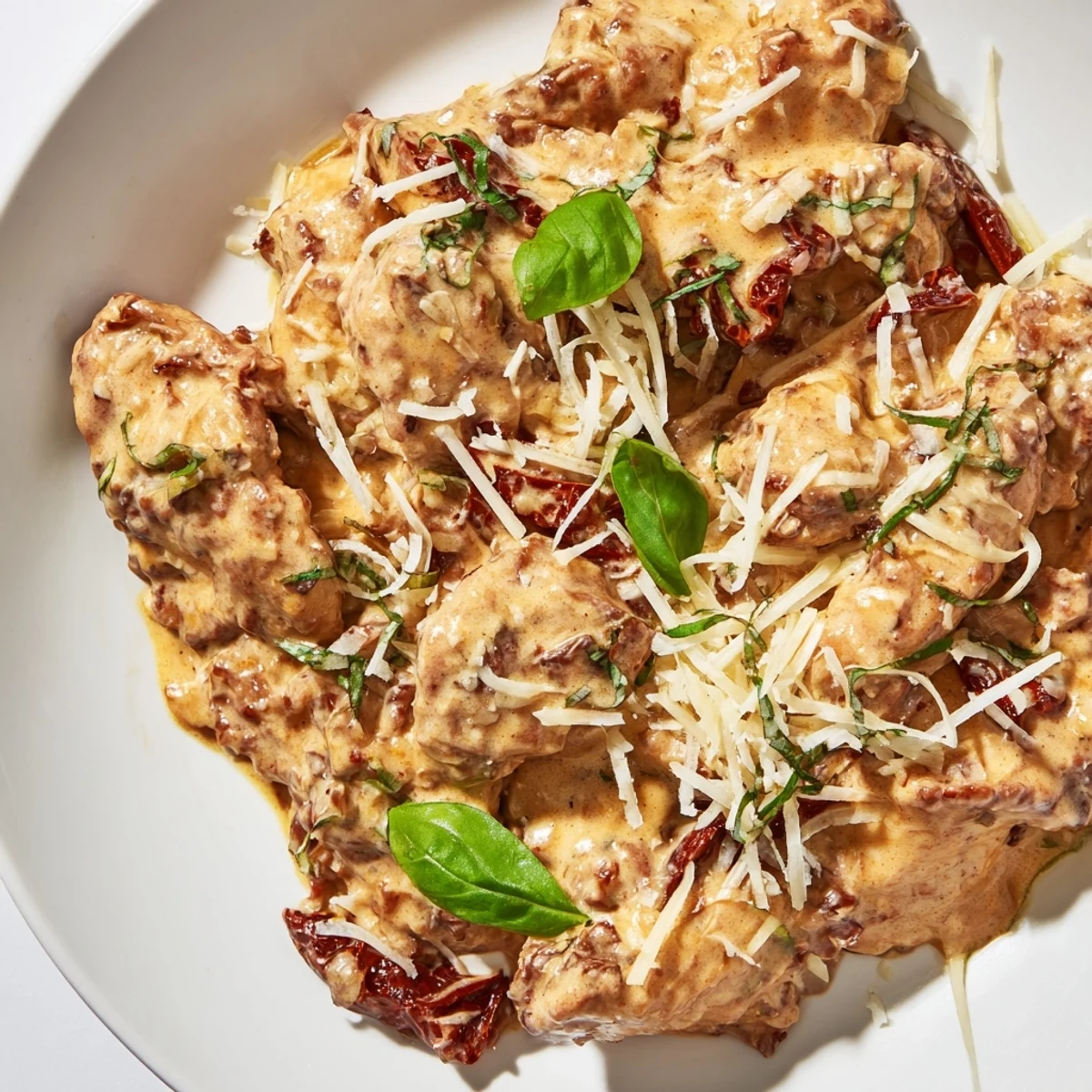 Serving suggestion for Marry Me Slow Cooker Chicken Breast over steamed pasta.