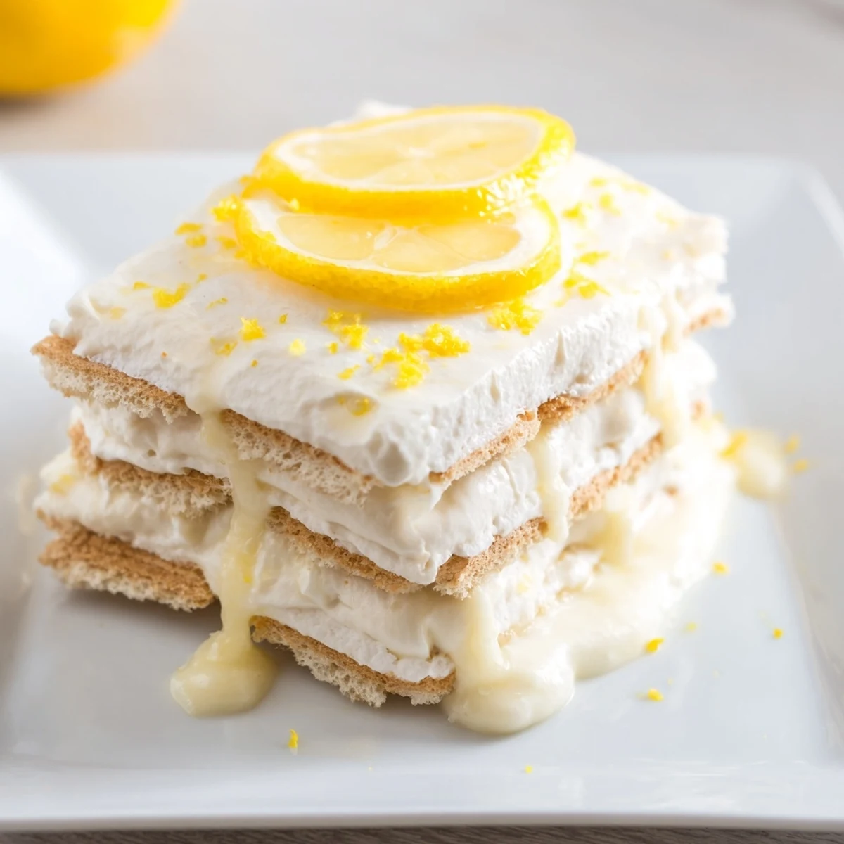 A close-up of chilled Easy Lemon Tiramisu No Bake Dessert layered with creamy mascarpone and bright zest, garnished with fresh lemon slices.