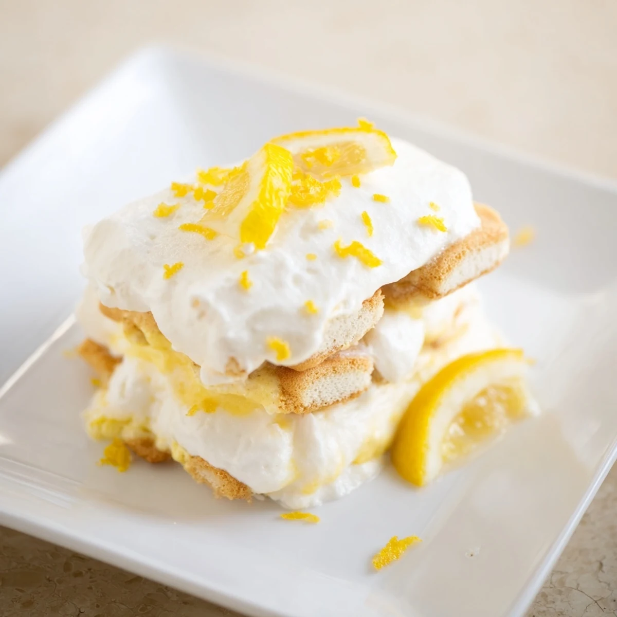 Overhead view of the Easy Lemon Tiramisu No Bake Dessert in a glass dish, showing delicate ladyfingers soaked in lemon syrup for a spring gathering.