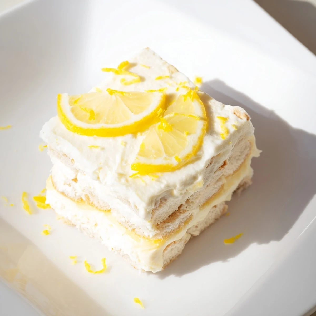 Spreading a slice of Easy Lemon Tiramisu No Bake Dessert on a plate reveals its fluffy texture, perfect for a summer vegetarian treat after chilling.