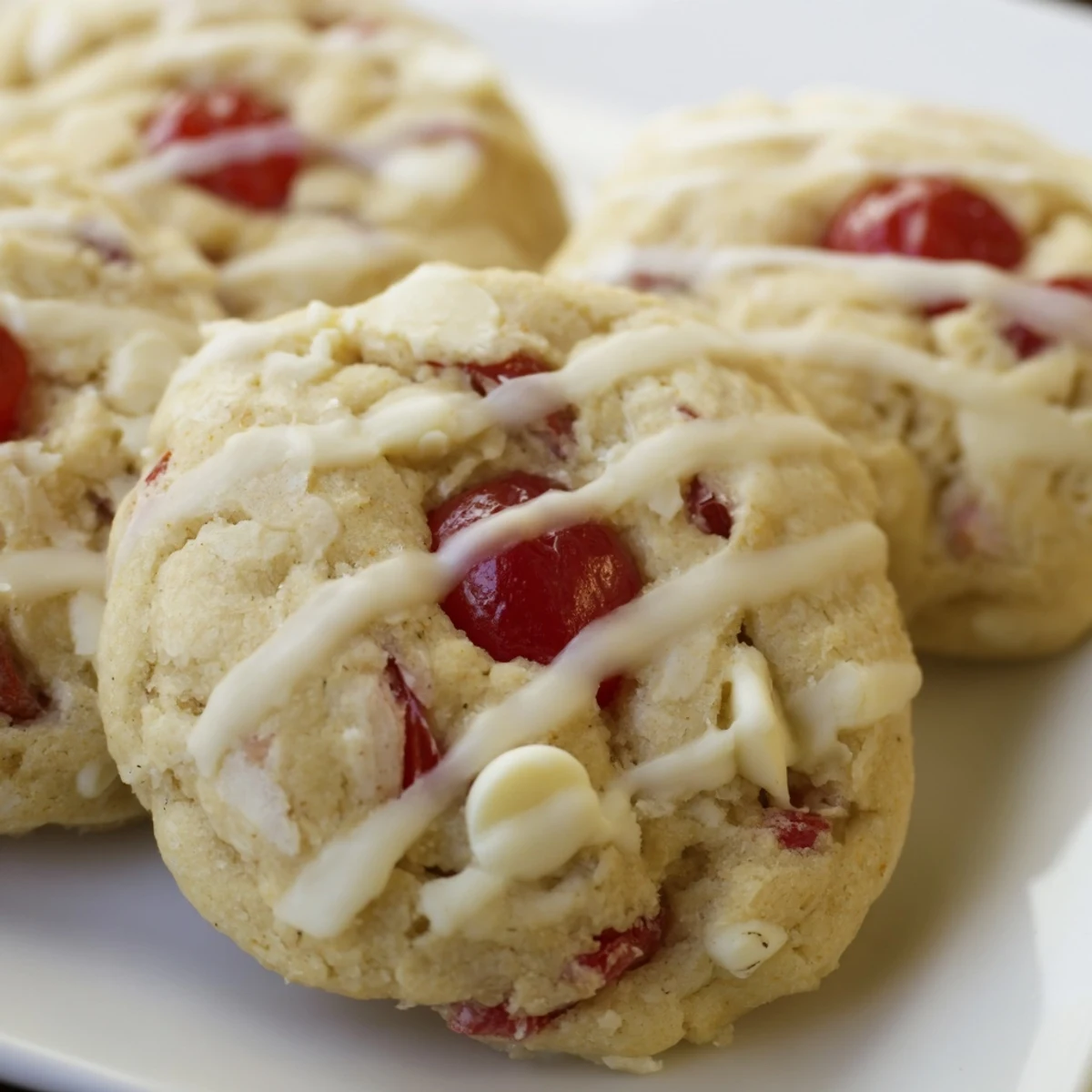 These soft Irresistible Maraschino Cherry Cookies have a shiny almond glaze and bright red cherry pieces visible.