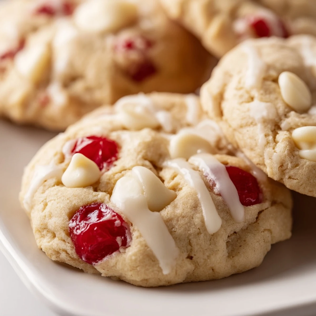Stack of Irresistible Maraschino Cherry Cookies showing chewy texture and glistening glaze, perfect for a dessert platter.