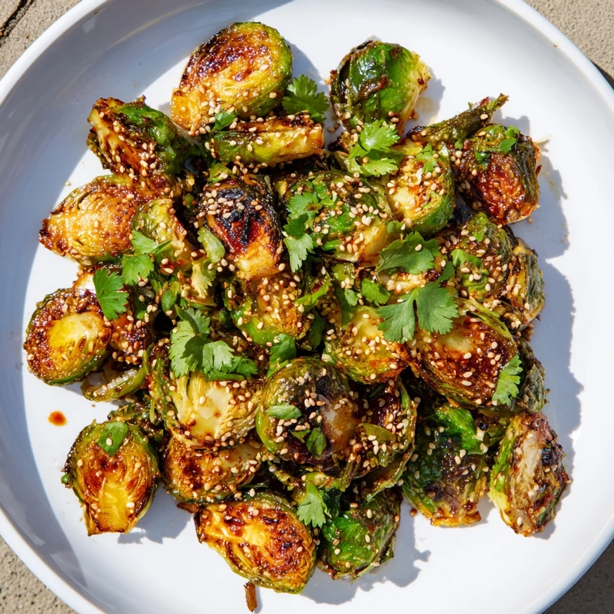 Golden roasted Honey Sriracha Brussels sprouts glistening with a sweet and spicy glaze, served as a crispy side dish.
