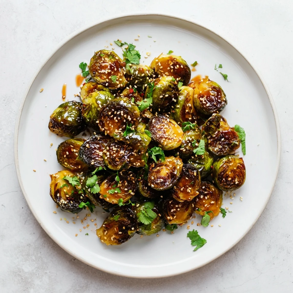 A close-up of crispy Honey Sriracha Brussels sprouts topped with sesame seeds and fresh cilantro on a platter.