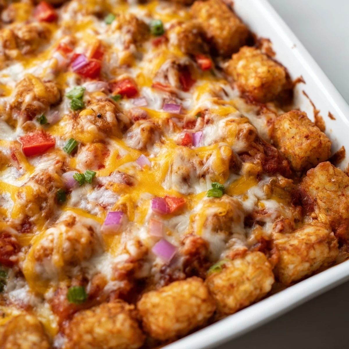 Serving suggestion for Cheesy Pizza Tot Casserole on a plate with a side salad for a family dinner.