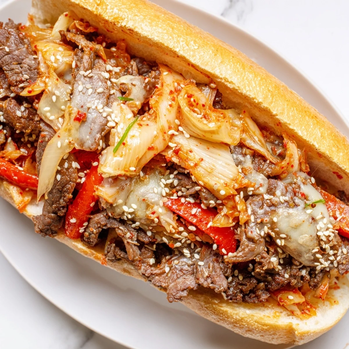 Steaming Irresistible Korean Kimchi Bulgogi Cheesesteak with melted provolone on a toasted hoagie roll.