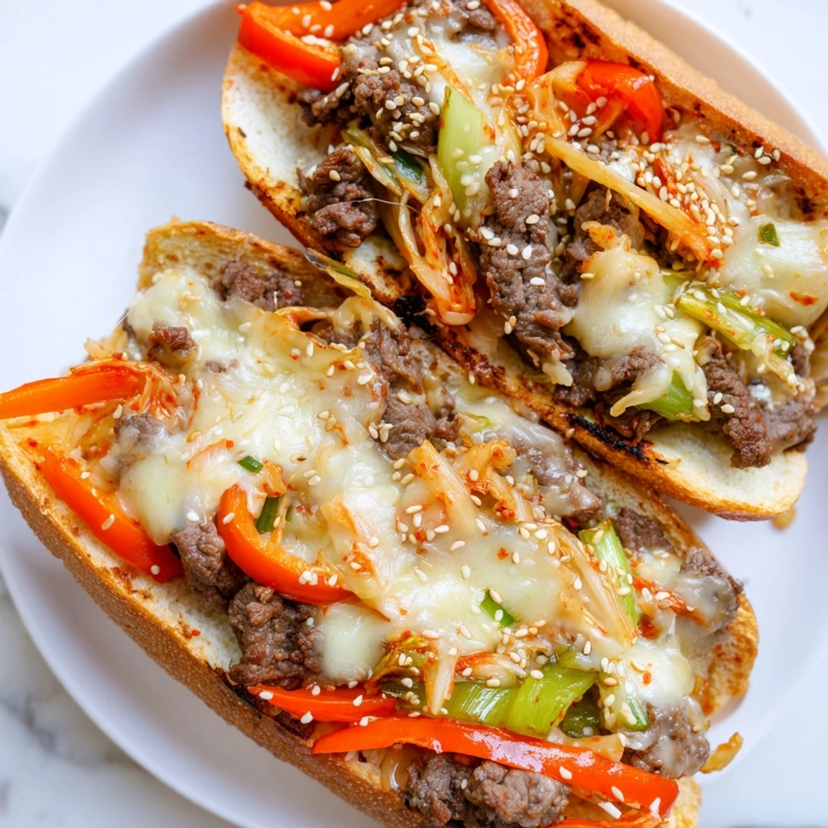 Golden toasted Irresistible Korean Kimchi Bulgogi Cheesesteak served with pickled vegetables and a drizzle of spicy sauce.