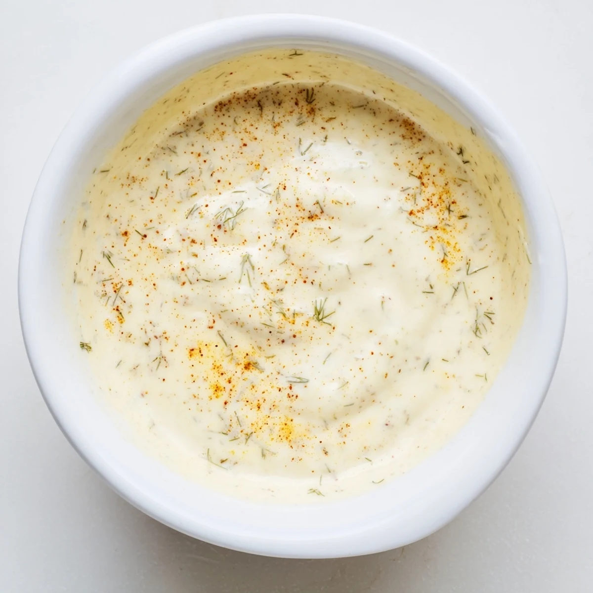 Creamy hot honey ranch crispy chicken tenders sauce in a small white bowl with a drizzle visible.