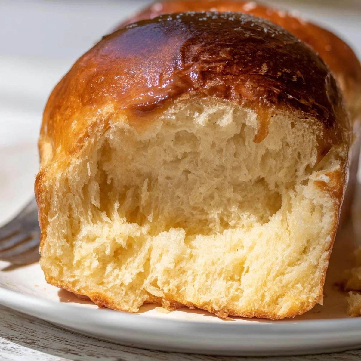 Freshly baked Milk Brioche with a golden crust and soft buttery interior, ready to serve.