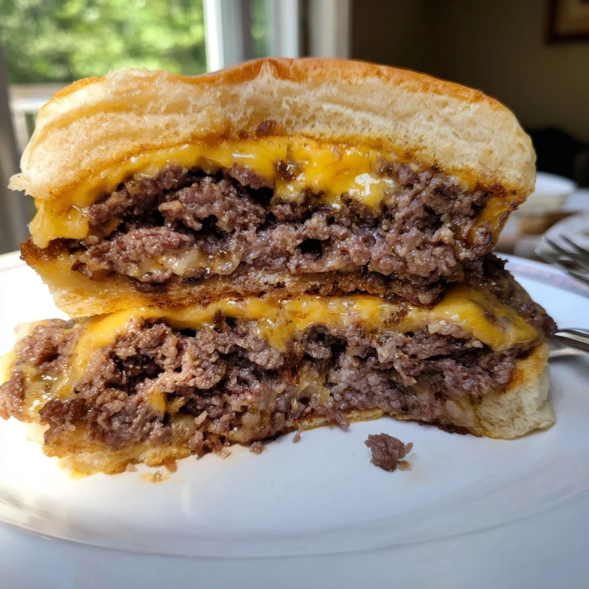 A close-up of the Flying Dutchman Burger with two stacked beef patties and melted cheese, served on a plate with grilled onions and pickles for a classic In-N-Out style experience.