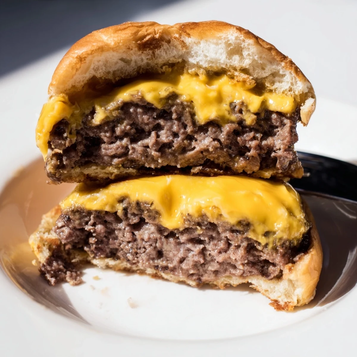 Sizzling hot Flying Dutchman Burger featuring melted cheese between seasoned beef patties, accompanied by crispy pickles and onions on a simple plate for a gluten-free meal.