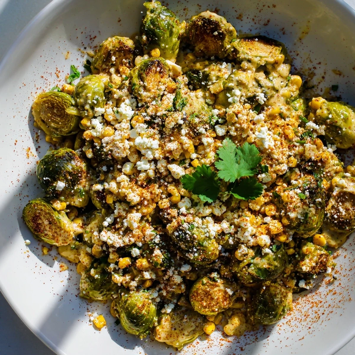 Vibrant vegetarian side dish featuring lime-infused roasted vegetables and chili powder, served warm for Mexican Street Corn Brussels Sprouts Delight.