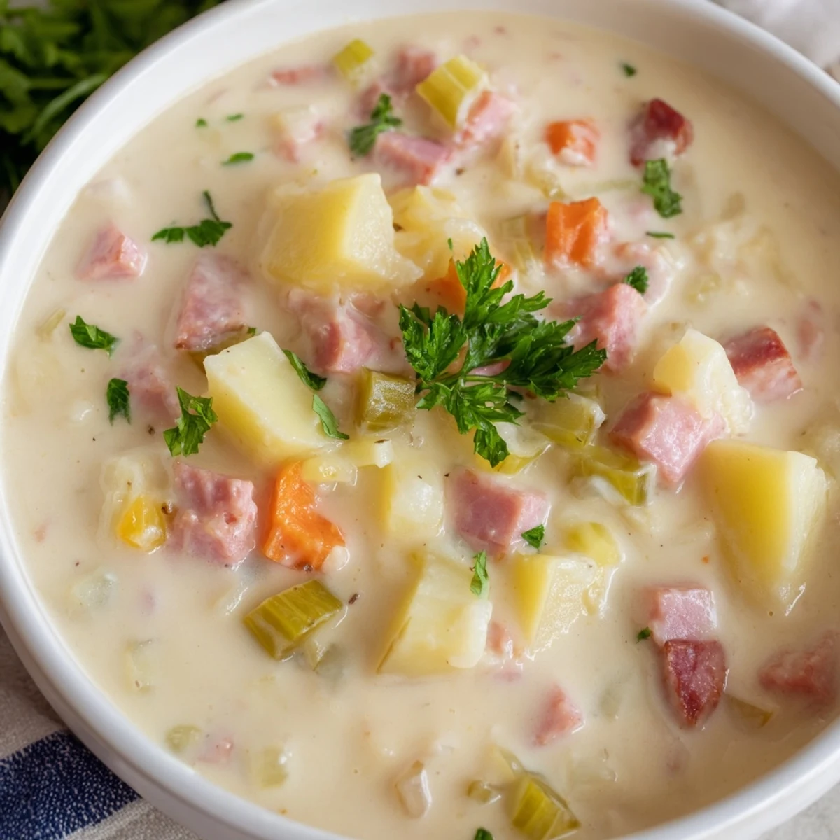 Steamy bowl of Light Ham & Potato Chowder topped with fresh parsley, showcasing creamy broth, diced potatoes, and lean ham.