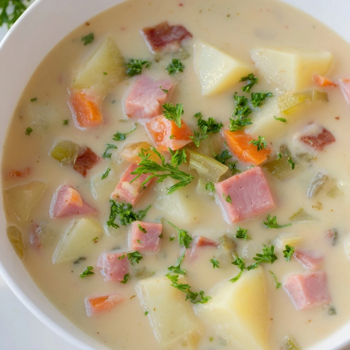 Light Ham & Potato Chowder steaming in a rustic pot, with celery, carrots, and Yukon Gold potatoes in a velvety broth.