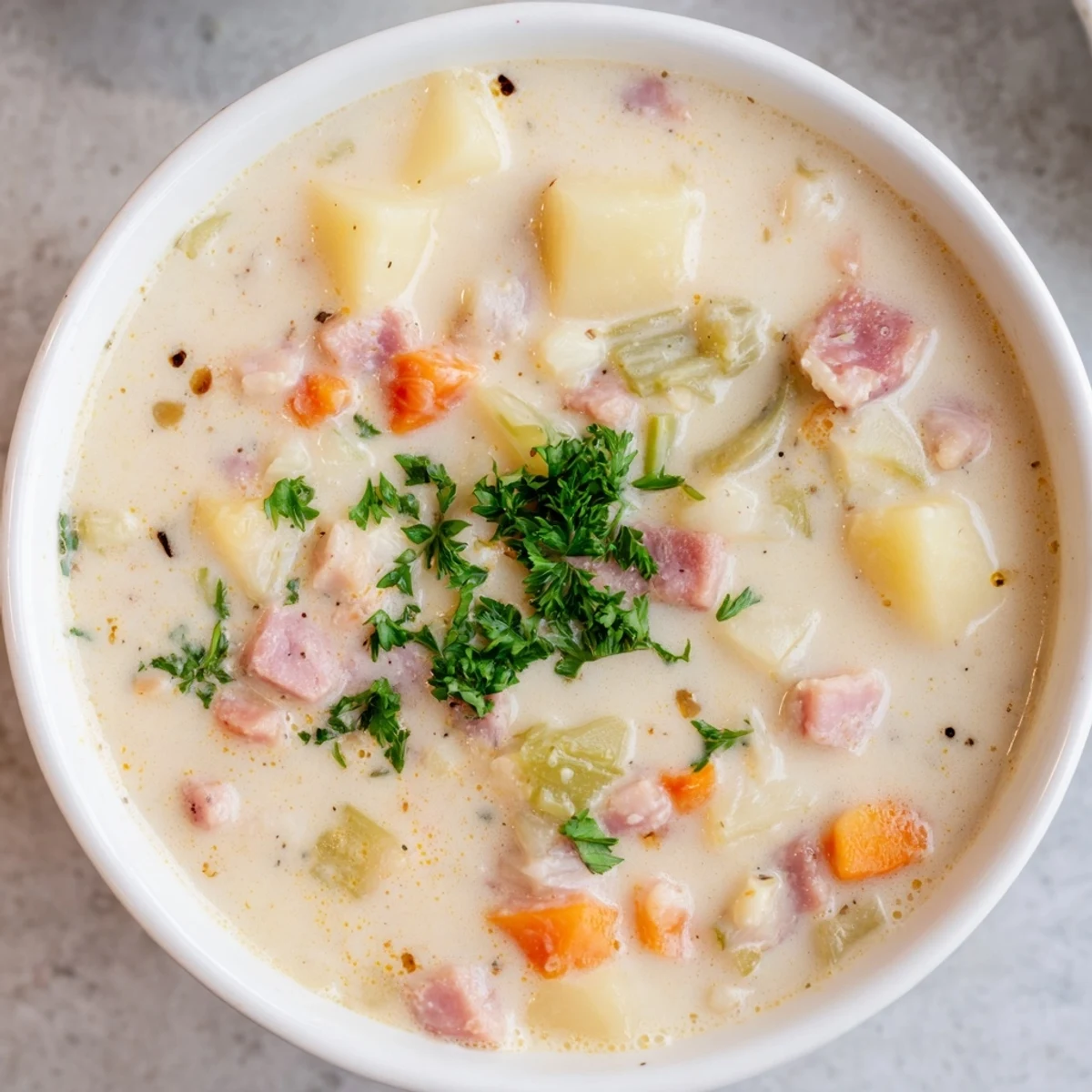 A ladle serving Light Ham & Potato Chowder into a bowl, revealing tender ham chunks and sweet vegetables in the low-fat soup.