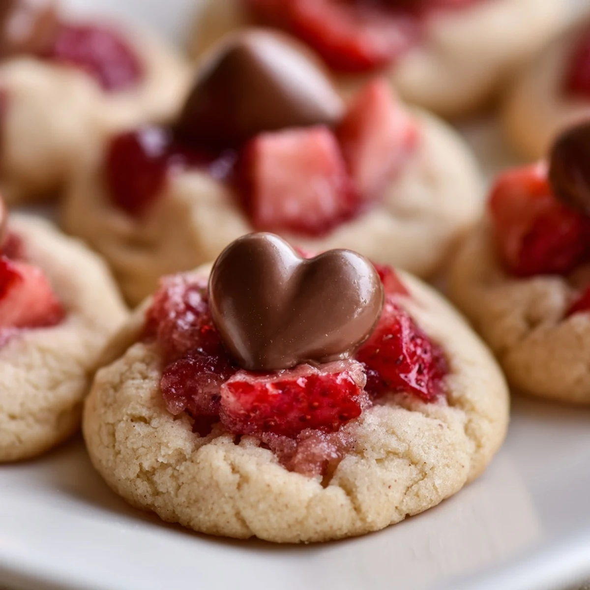 Strawberry Kiss Cookies arranged on a cooling rack with melted chocolate tops and fresh berry bits visible.