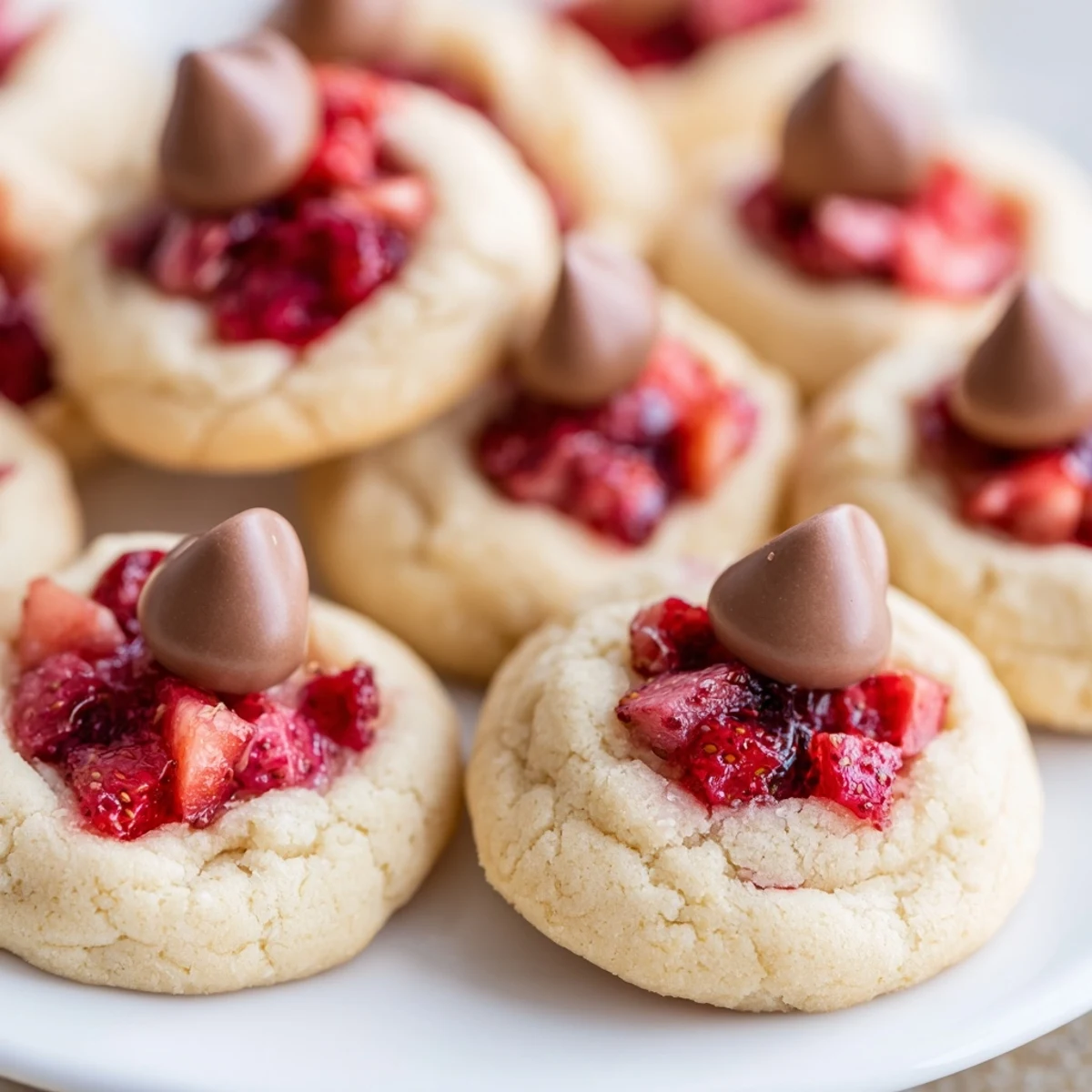 A close up view of Strawberry Kiss Cookies showing soft buttery texture and strawberry jam swirls on top.