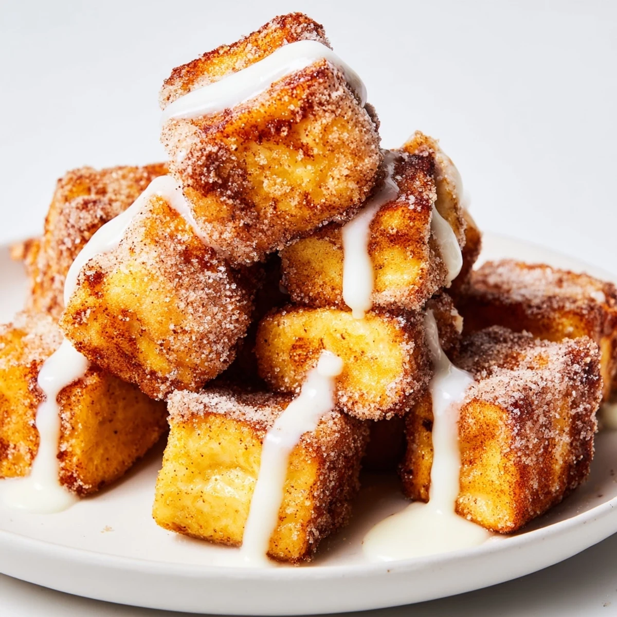 Golden brown Cinnamon Roll French Toast Bites drizzled with sweet glaze and served warm on a white plate. 