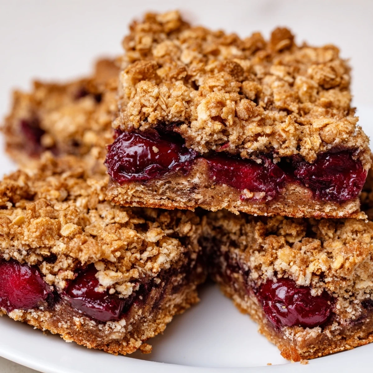 Freshly baked cherry crumble bars with a golden, crumbly oat topping and gooey red cherry filling on a white plate.