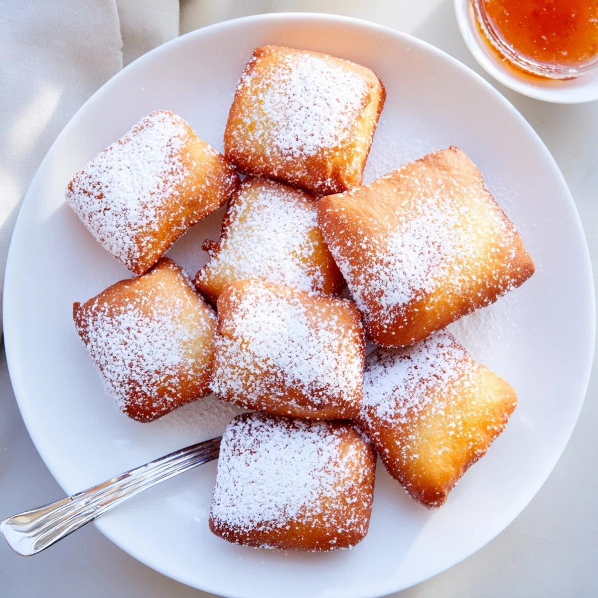 Freshly fried Vanilla French Beignets dusted with powdered sugar and served warm with coffee.
