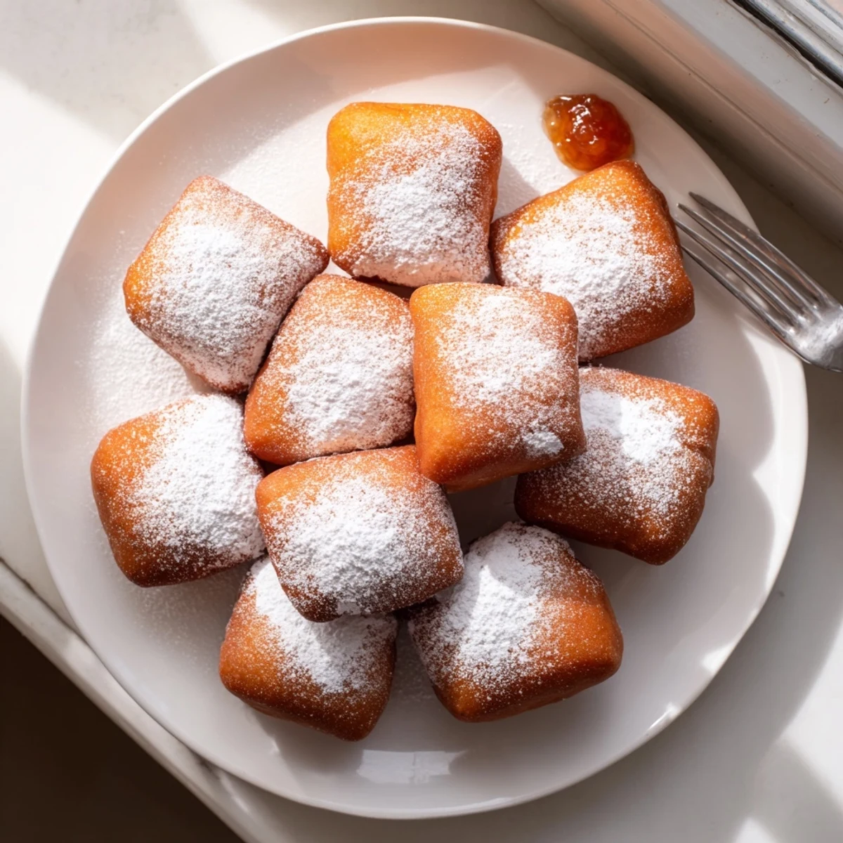 Golden Vanilla French Beignets stacked high, perfect for a sweet breakfast or dessert treat.