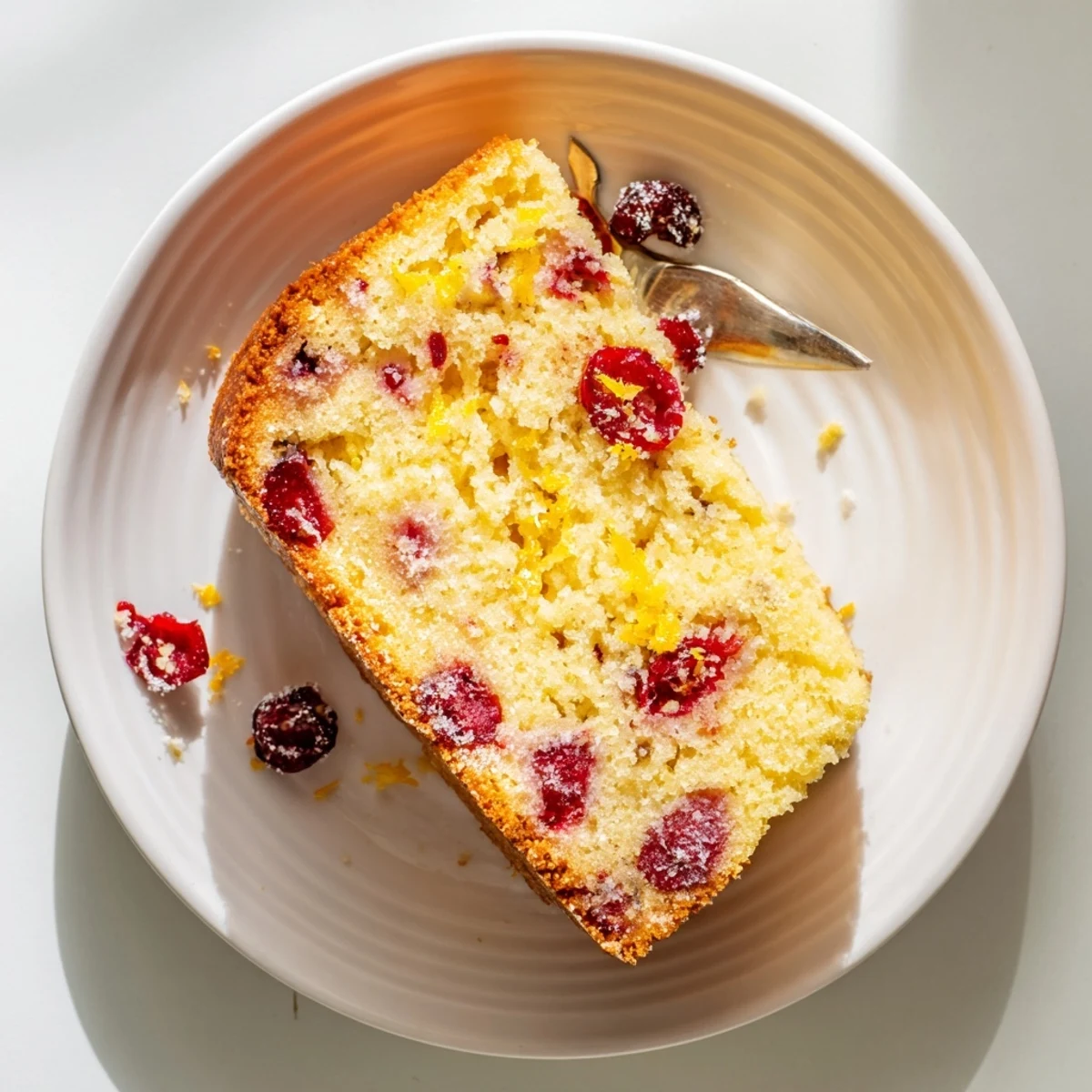 Freshly baked Cranberry Cake with a golden crumb, topped with sparkling sugar and bright orange zest.