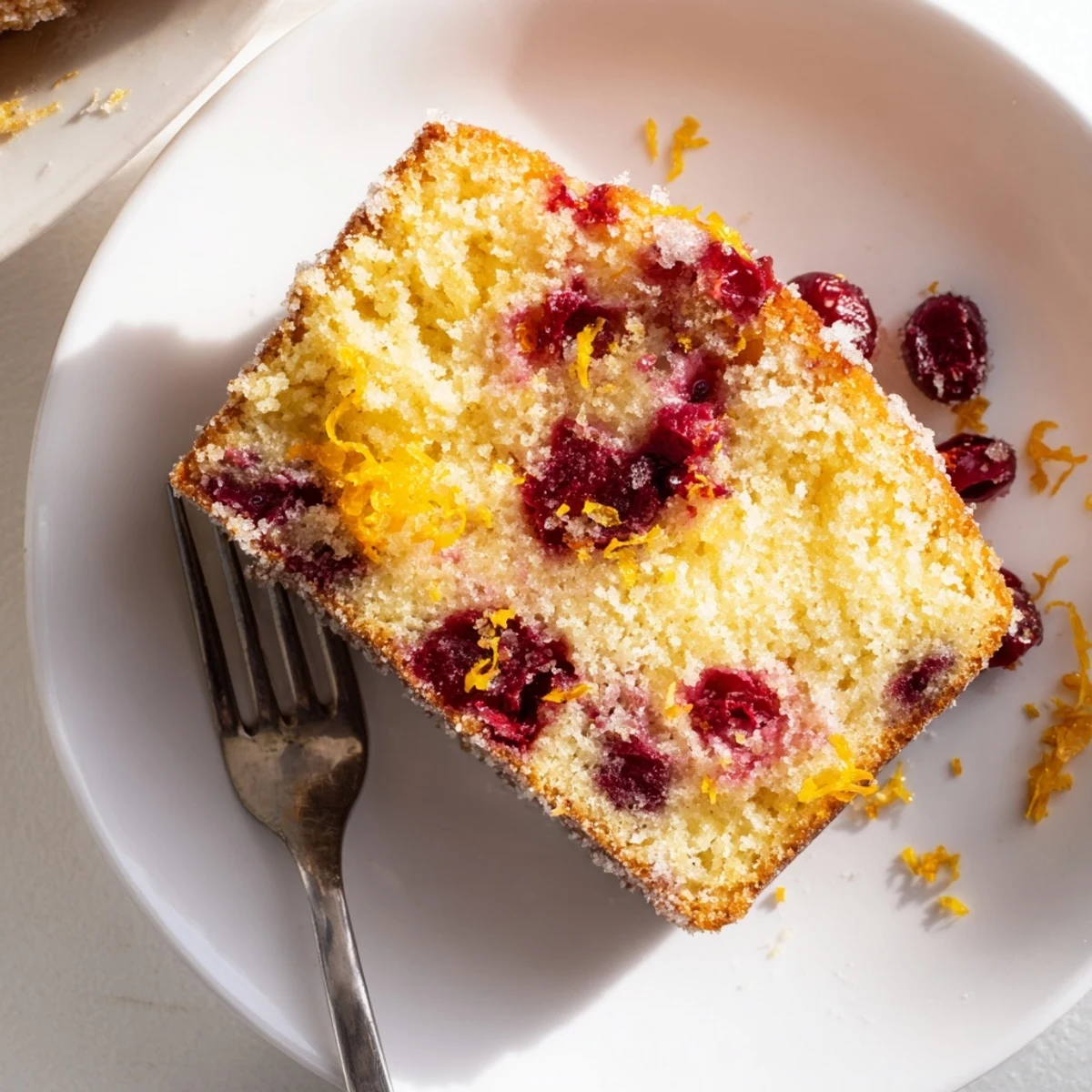 Slice of moist Cranberry Cake revealing juicy red berries on a white plate beside a coffee cup.
