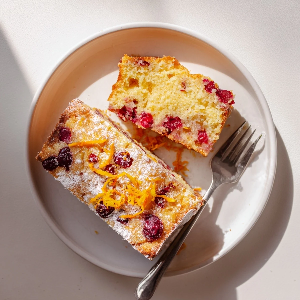Homemade American Cranberry Cake, served warm with a scoop of vanilla ice cream melting on top.
