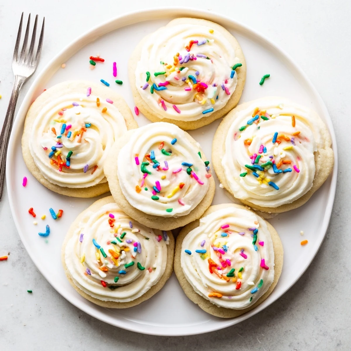 Four soft, round Walmart-Style Sugar Cookies with Buttercream Frosting sit on a white plate with rainbow sprinkles.