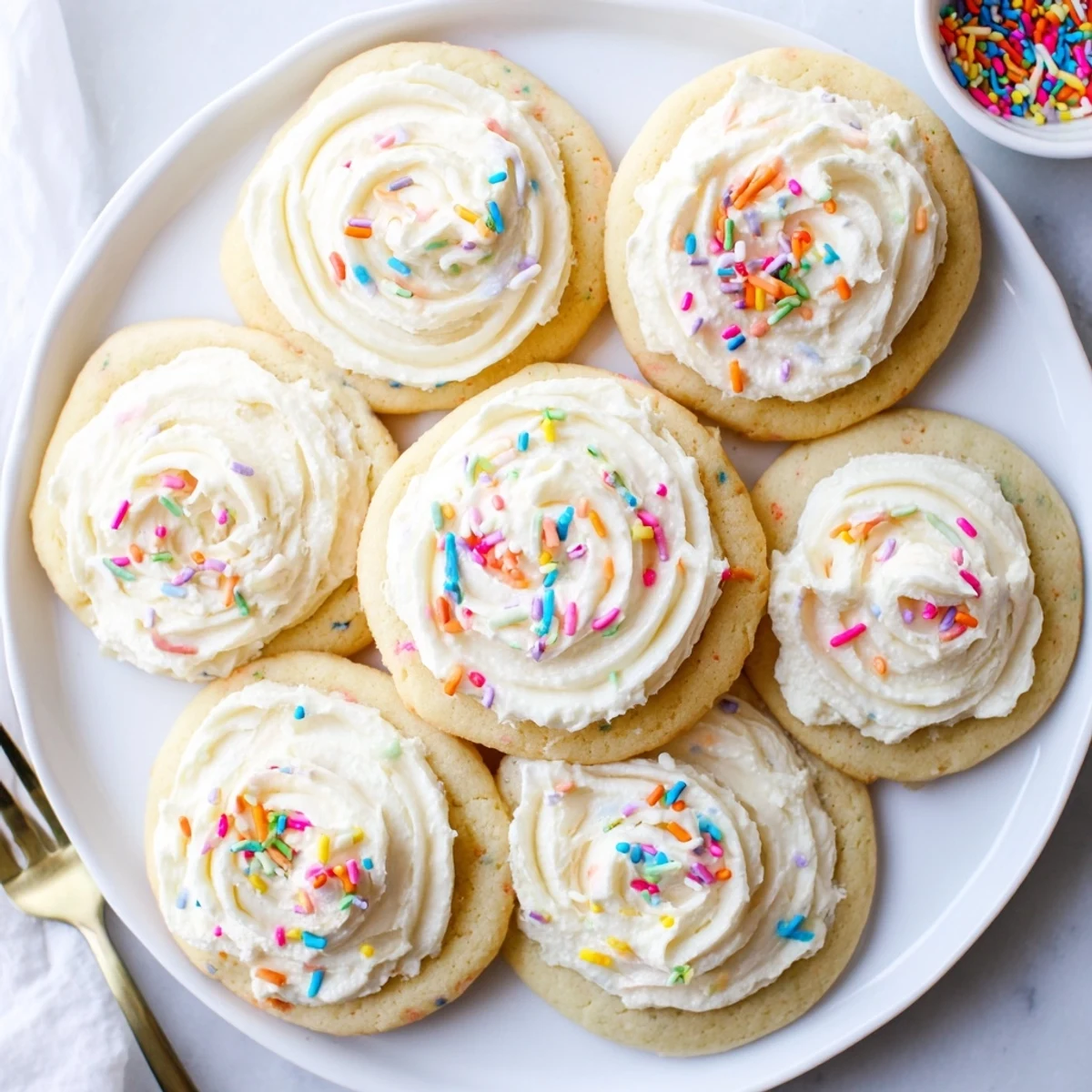A hand holds one Walmart-Style Sugar Cookies with Buttercream Frosting beside a glass of cold milk on a marble counter.