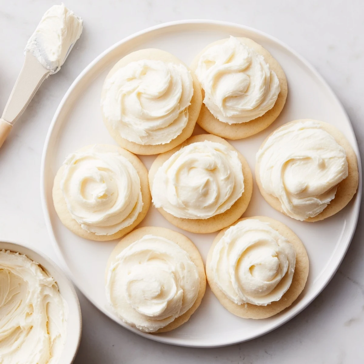 A bowl of fluffy Easy Sugar Cookie Frosting ready to spread on freshly baked sugar cookies.