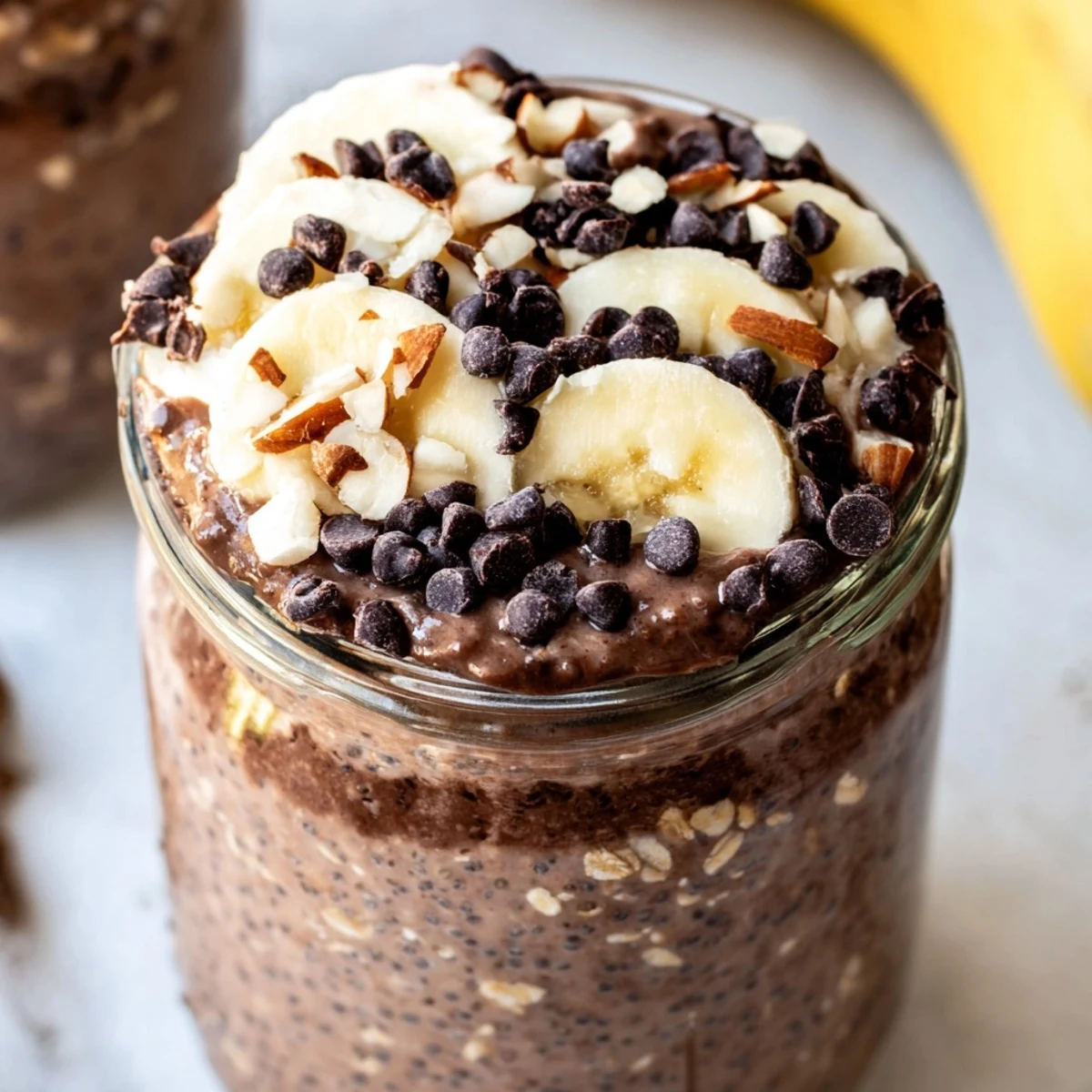 The Ultimate Healthy Chocolate Overnight Oats in mason jars with chocolate chips and fresh berries, a healthy breakfast.