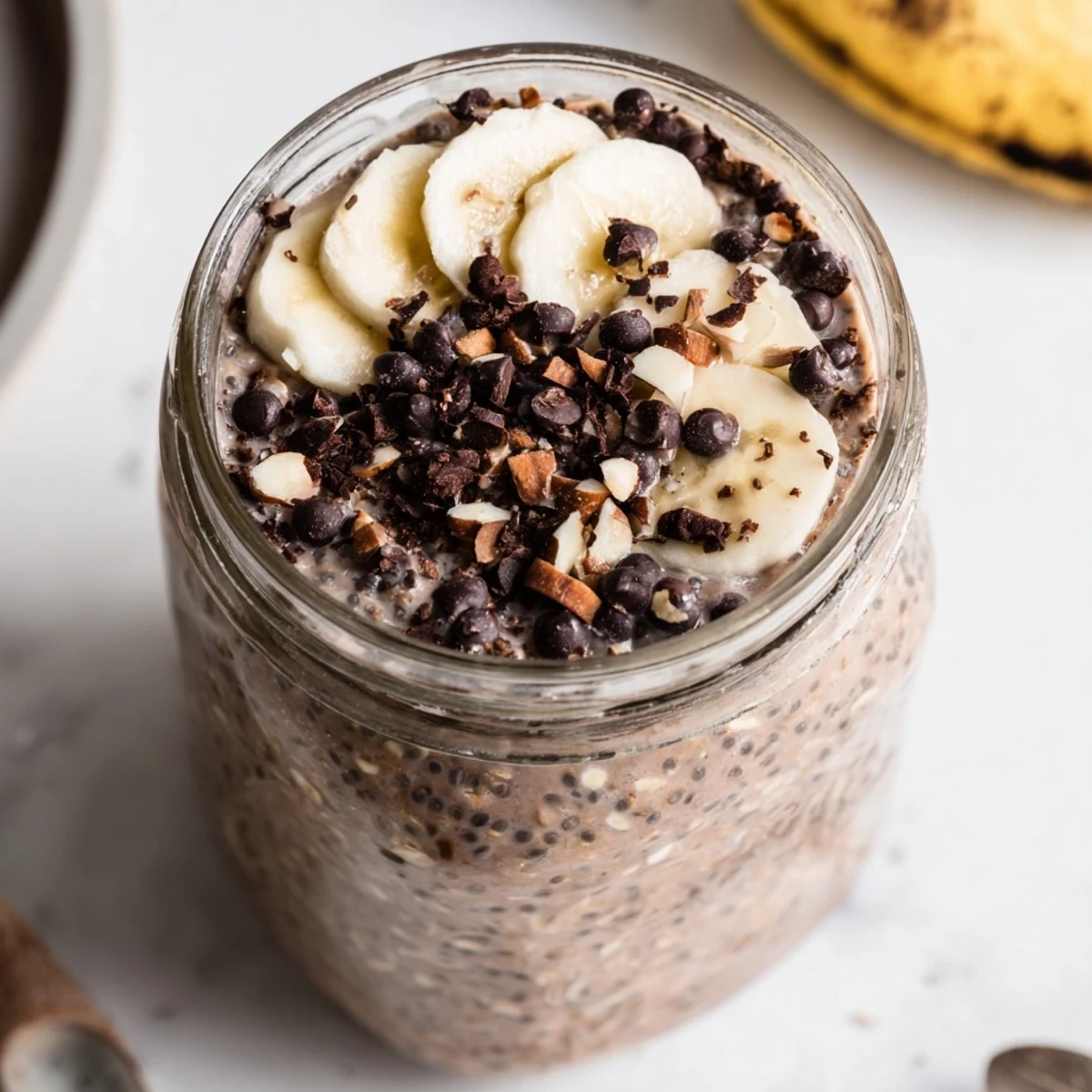 Stirred Ultimate Healthy Chocolate Overnight Oats with a spoon, showing thick texture and cocoa powder for a chocolatey flavor.