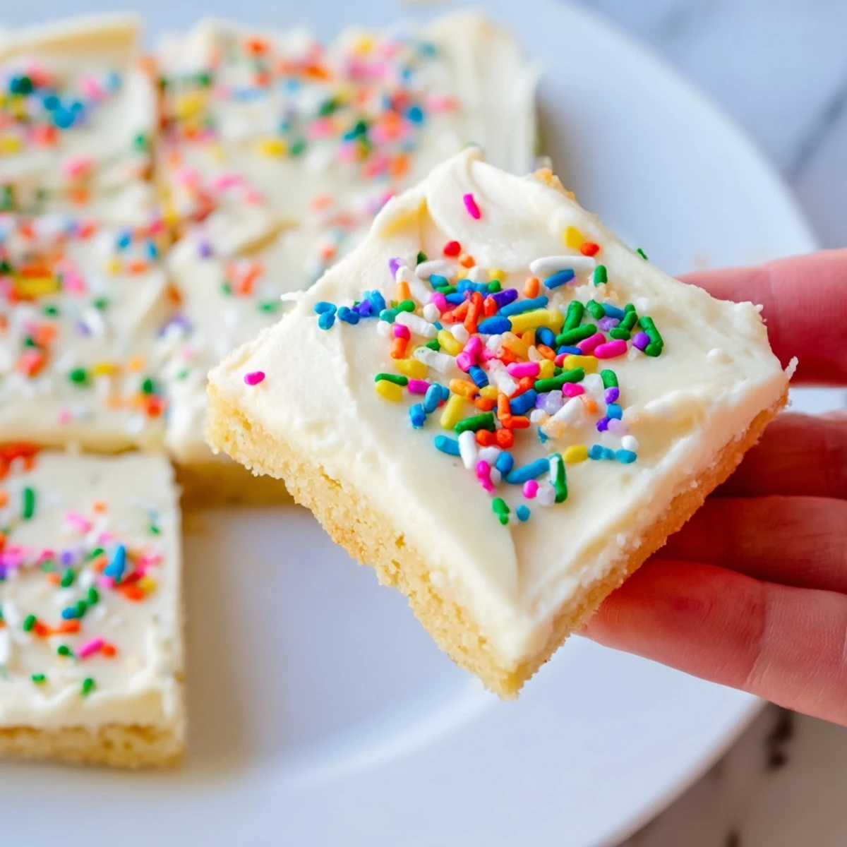 Homemade Sugar Cookie Bars showing soft texture and smooth vanilla frosting with a buttery crumb.