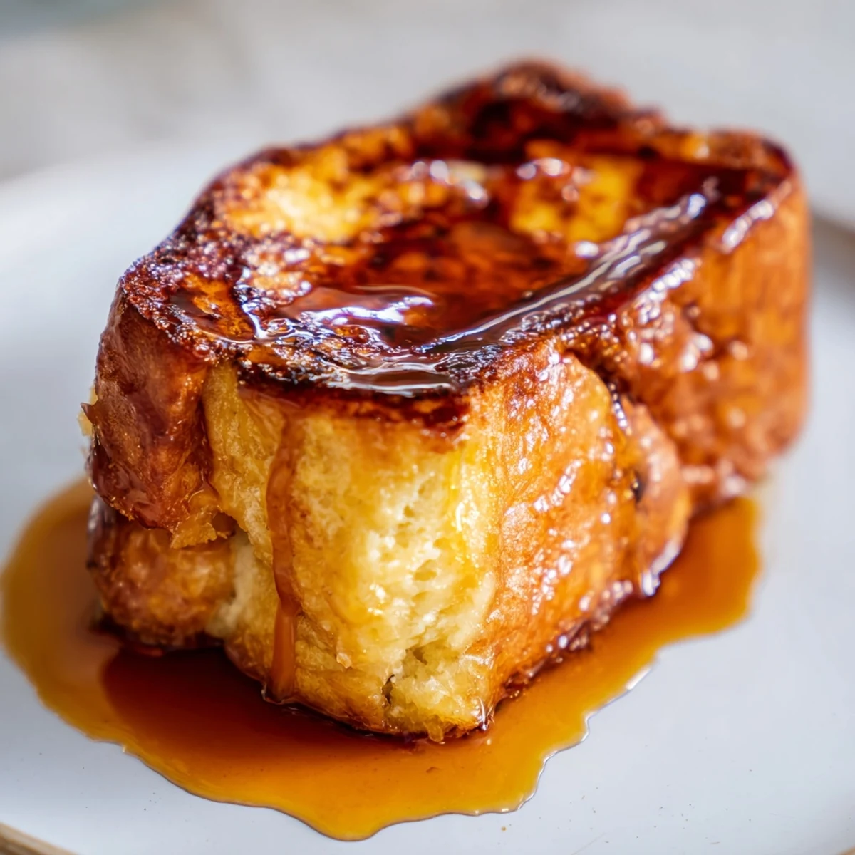Golden-brown slices of Crème Brûlée French Toast, glistening with caramelized sugar and dusted with powdered sugar on a white plate.