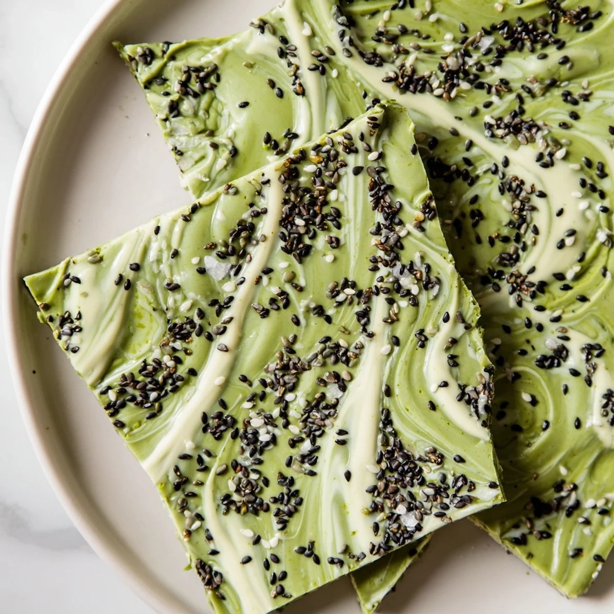 This close-up shows homemade Black Sesame Matcha Bark with a creamy white chocolate base and toasted sesame seeds on top.  