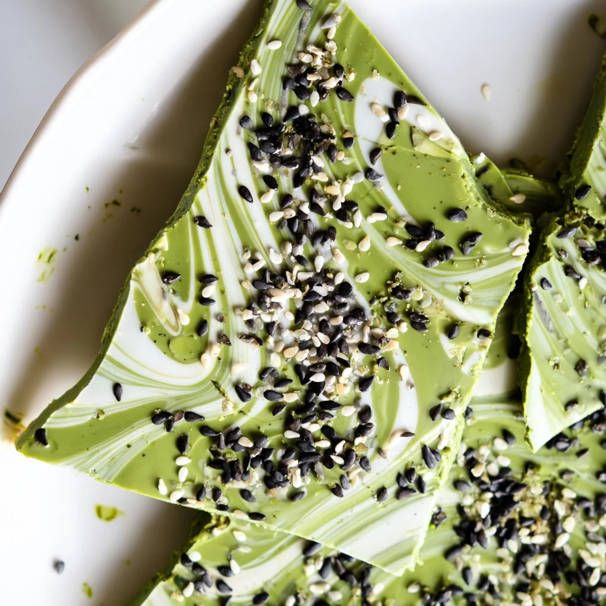 A vibrant slab of Black Sesame Matcha Bark broken into pieces highlights the rich green tea flavor and crunchy black seeds.  
