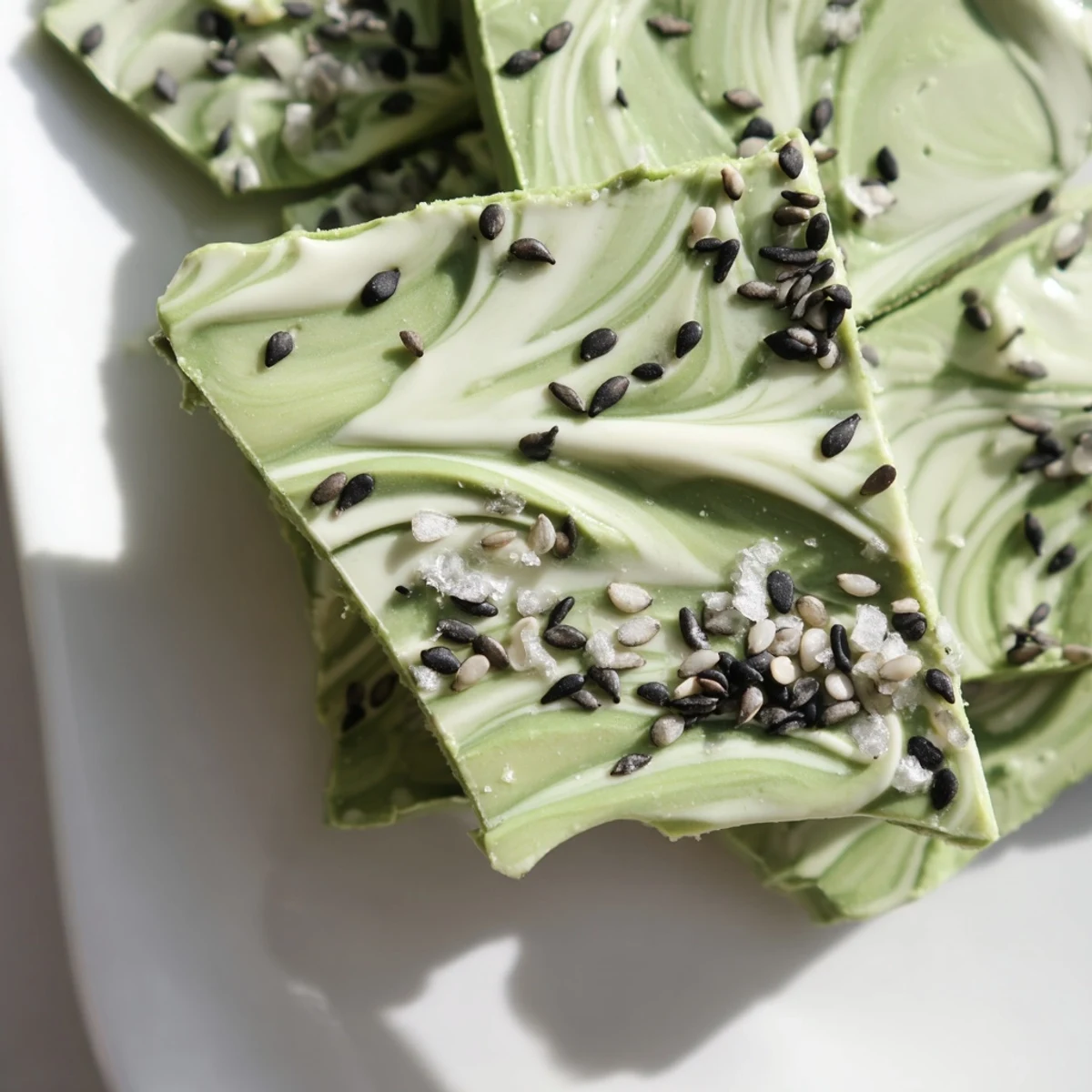 Close-up of a finished piece of Black Sesame Matcha Bark with marbled matcha and white chocolate, sprinkled with sesame seeds.