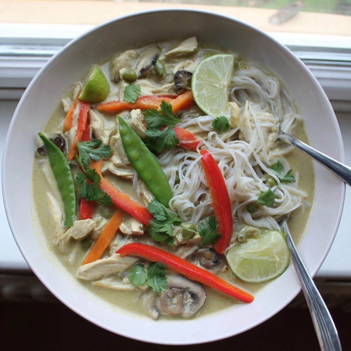 A close-up of Thai Green Curry Chicken Noodle Soup garnished with fresh cilantro, Thai basil, and lime wedges for a bright finish.