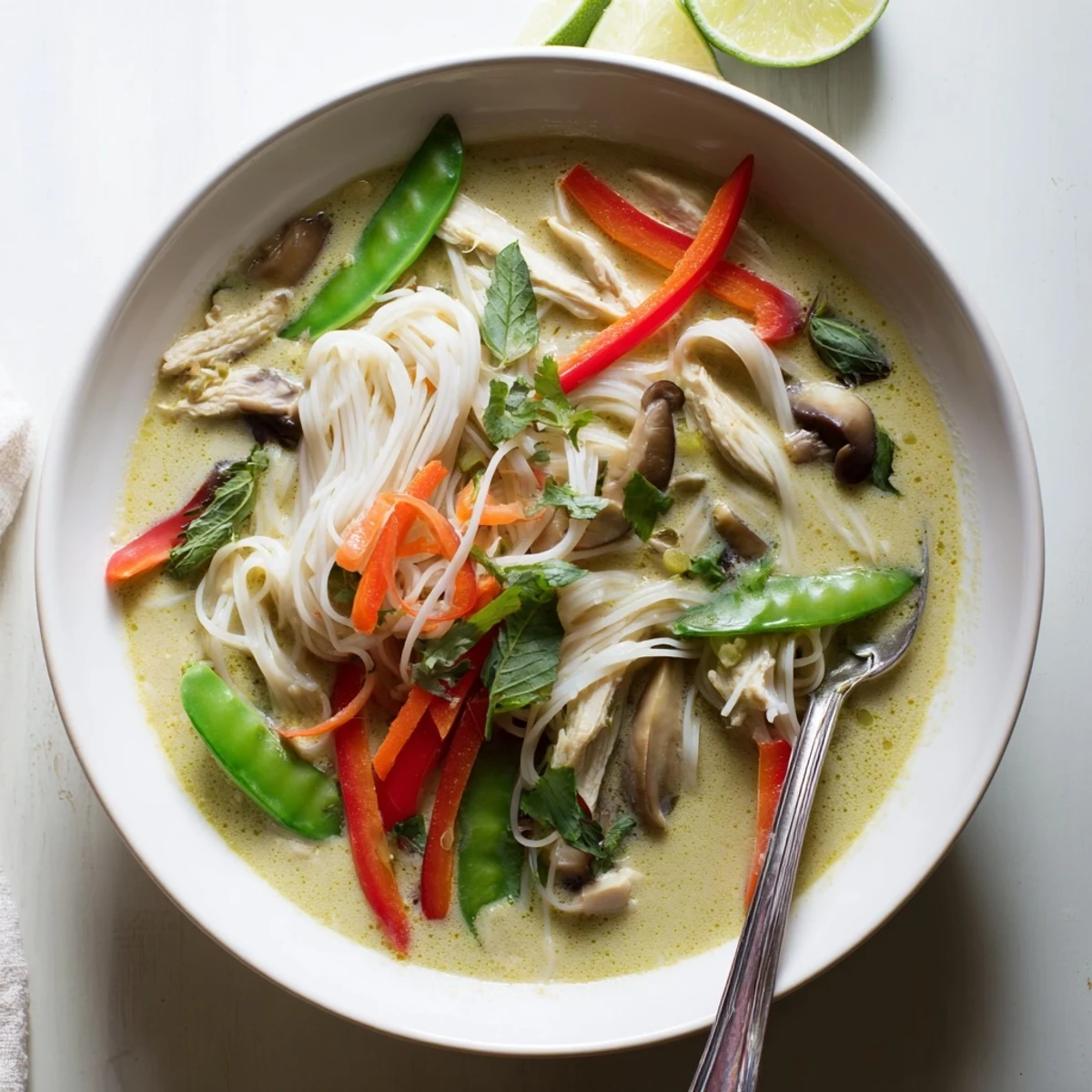 Steaming bowl of Thai Green Curry Chicken Noodle Soup with tender chicken, rice noodles, and crisp vegetables in fragrant coconut broth.