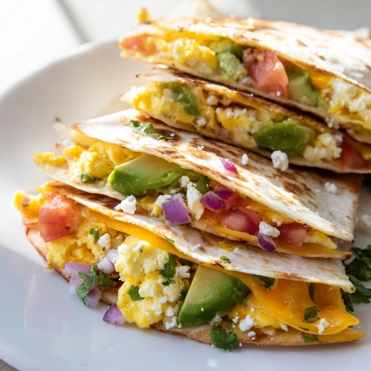 A close-up view of Spicy Avocado Egg and Three Cheese Quesadillas served on a rustic plate with lime wedges and a side of salsa for dipping.