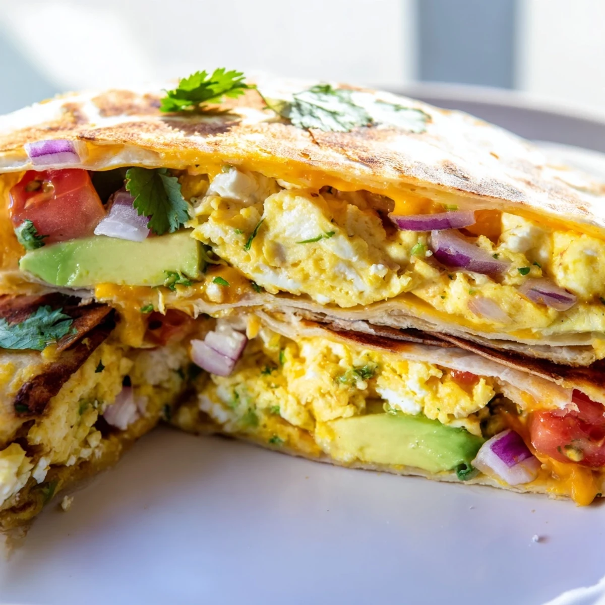 Freshly cooked Spicy Avocado Egg and Three Cheese Quesadillas cut into wedges, revealing layers of jalapeño-spiced eggs, avocado, and a melty trio of cheeses.