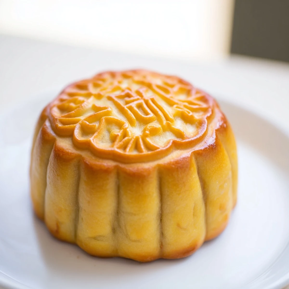 A close-up of a freshly baked Mooncake with golden, embossed top and a soft, flaky pastry, served on a festive plate.