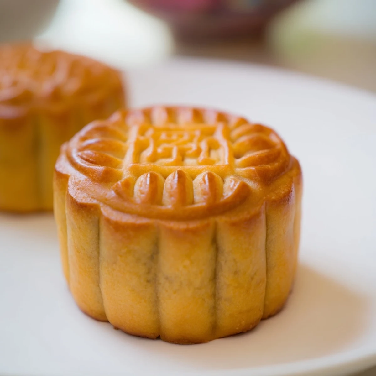 This Mooncake showcases a tender golden crust filled with sweet lotus seed paste, dusted lightly with flour for texture.