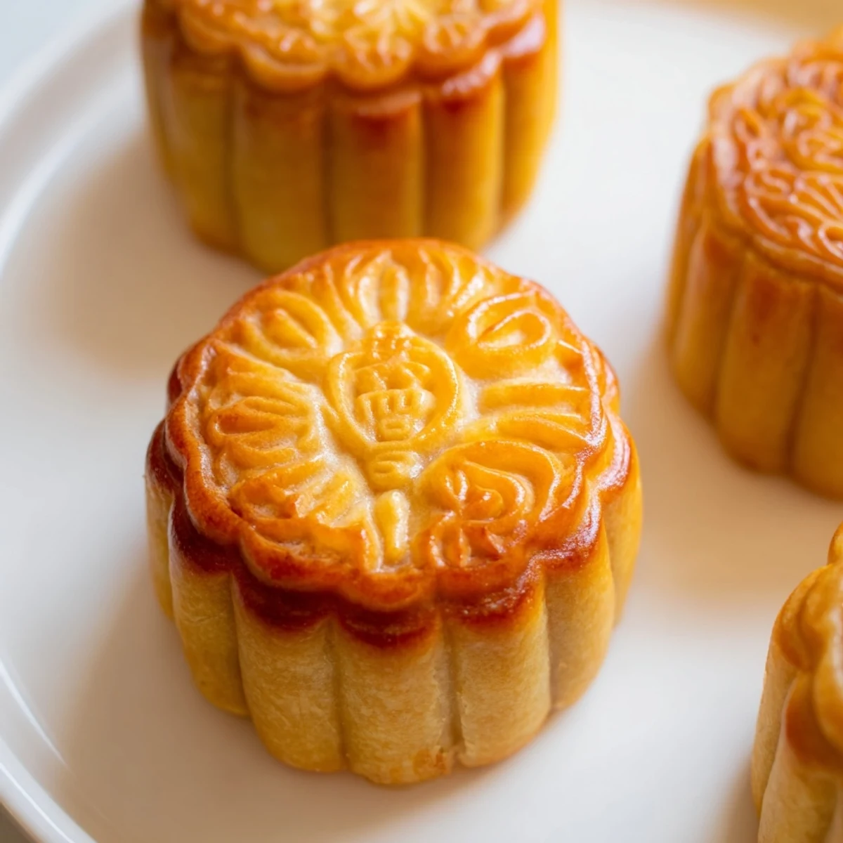 A Mooncake is displayed sliced open, revealing rich lotus filling and optional salted egg yolk center on a wooden board.
