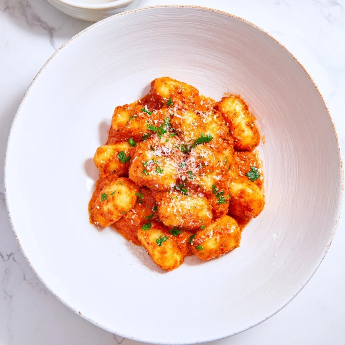 Pillowy potato gnocchi with quick Romesco sauce, garnished with fresh parsley in a skillet.