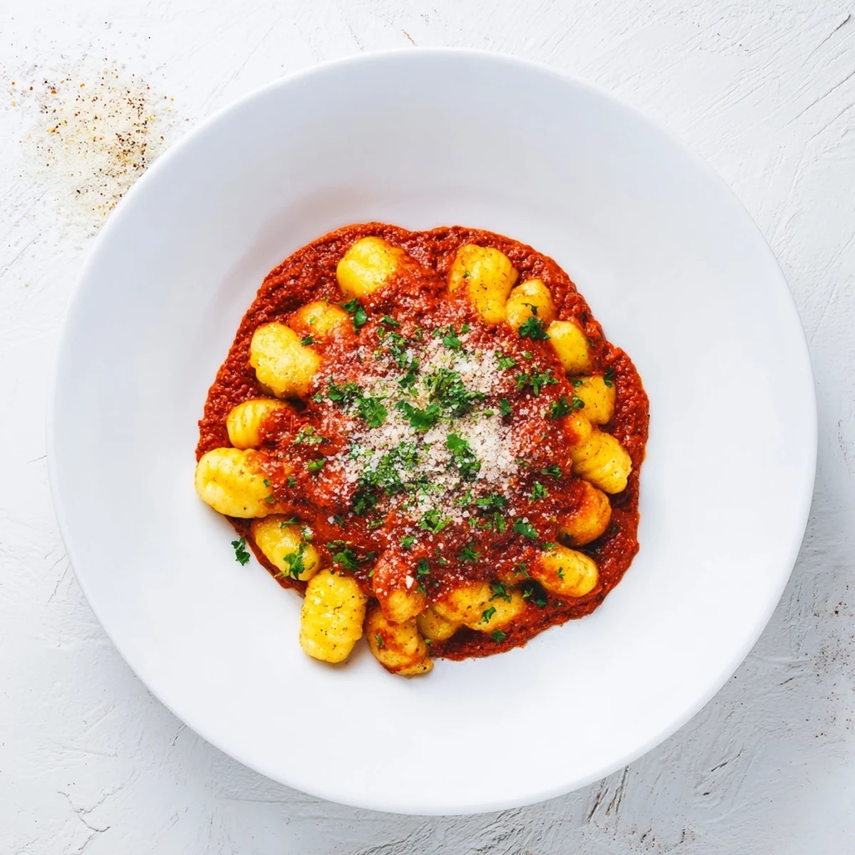 Spanish-inspired quick Romesco sauce coated gnocchi served on a white plate for dinner.