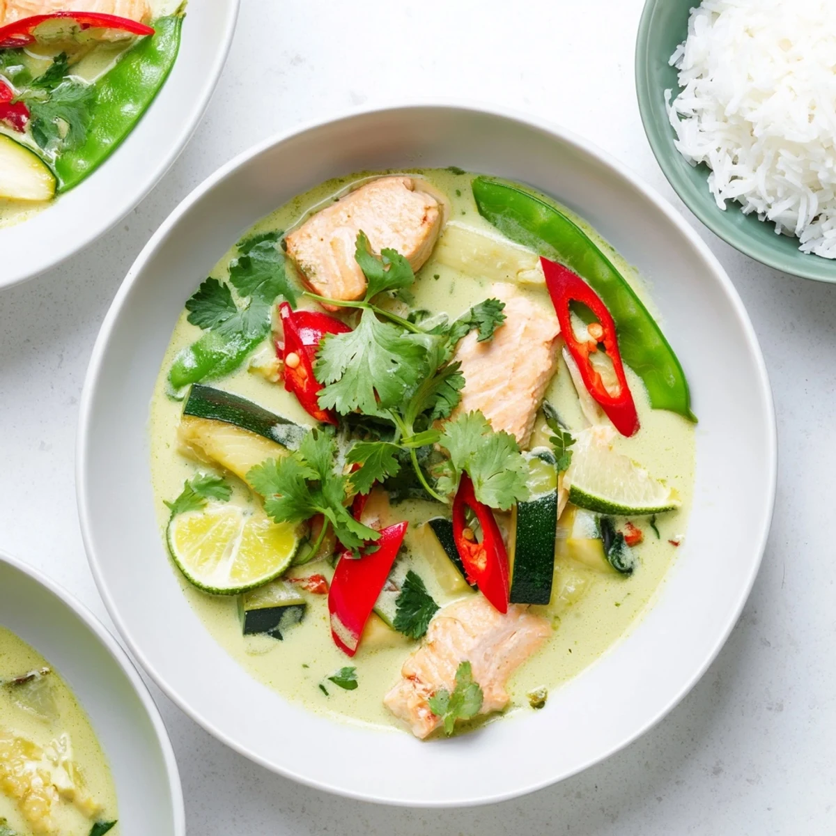 Steamed salmon fillets in a fragrant green Thai curry sauce with zucchini and red bell pepper.