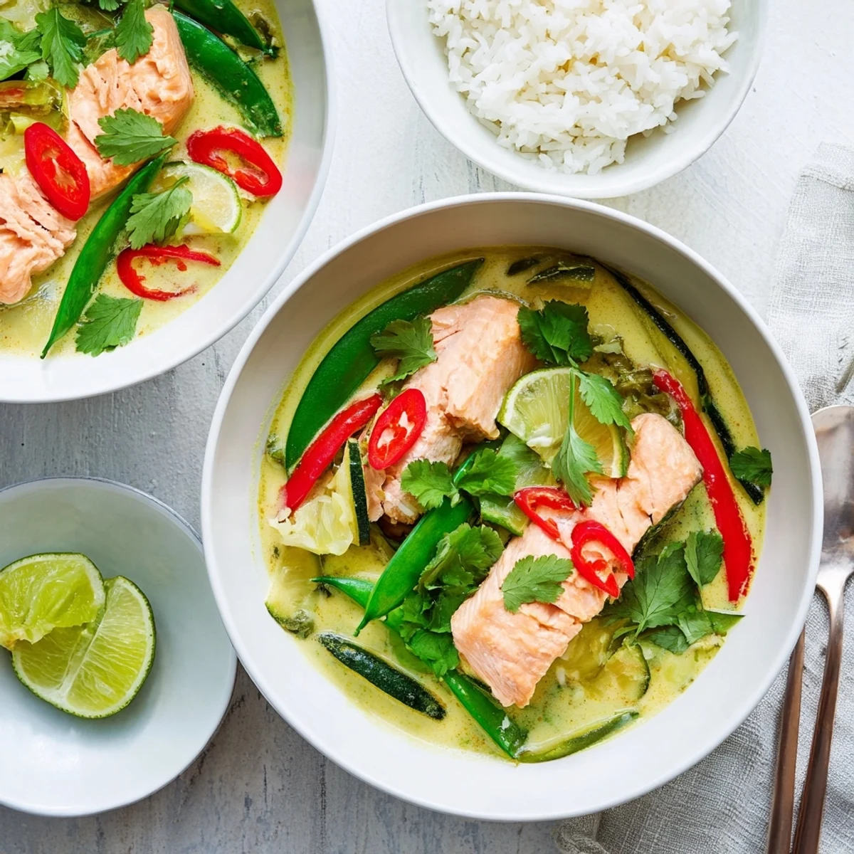 A close view of tender salmon in vibrant green Thai curry served over fluffy jasmine rice.